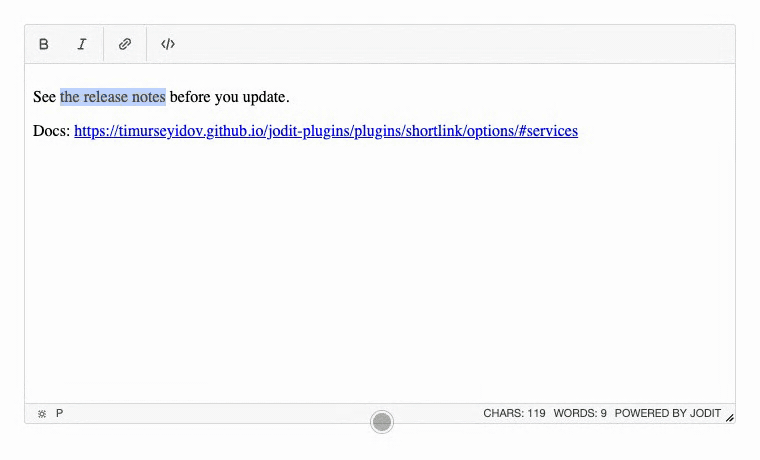 Shortening a link in the link form and from the link toolbar